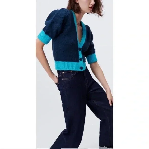 NWT ZARA women cardigan button down sweater top jacket size S, blue - Picture 5 of 15